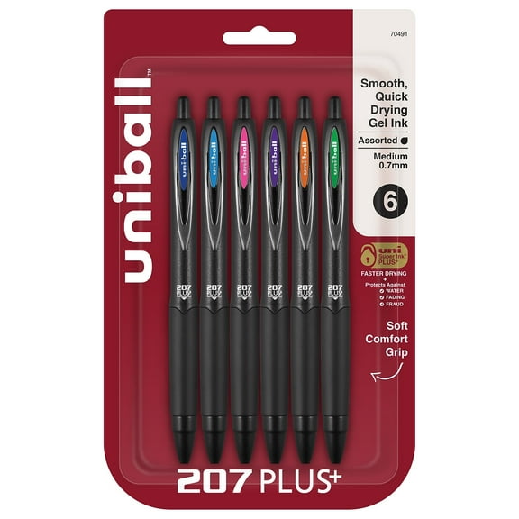 Uni-Ball 207 Plus+ Gel Pen Retractable Medium 0.7 mm Assorted Ink 6 Pack 70491