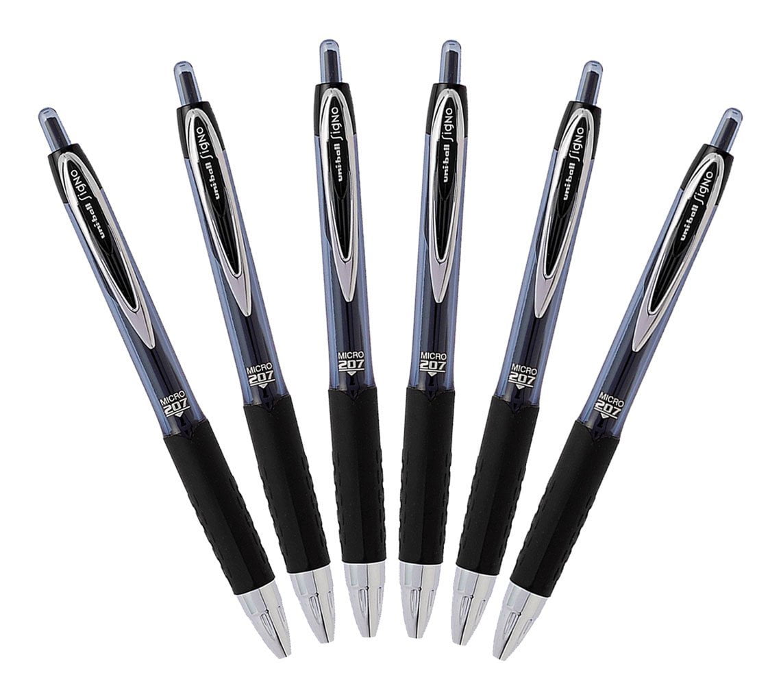 Uni-Ball Signo 207 Retractable Gel Pen, 0.5mm Micro Point, Black, Pack of 6