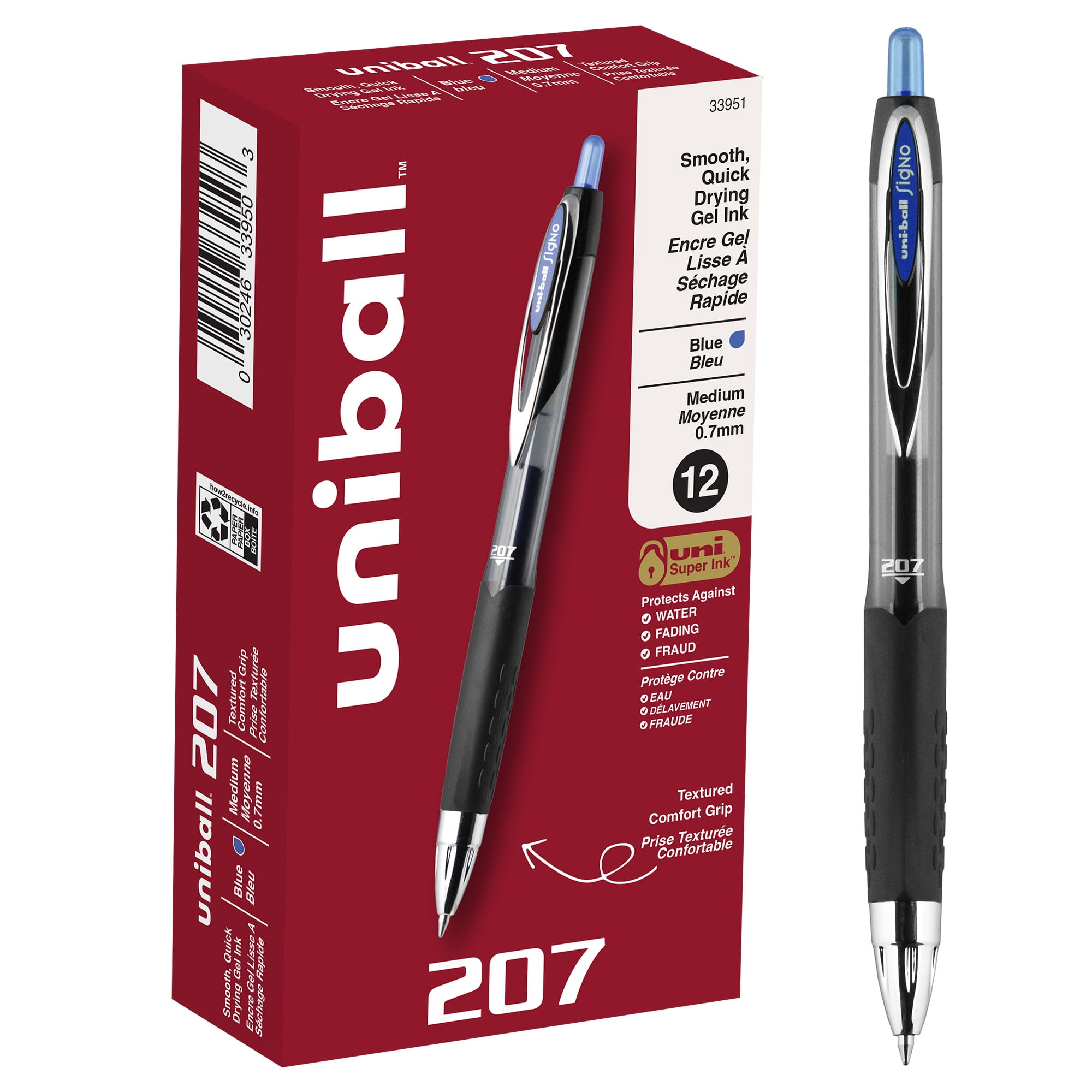 Uni-Ball Signo 207 Medium-Point Blue Retractable Gel Pens, 12-Pack