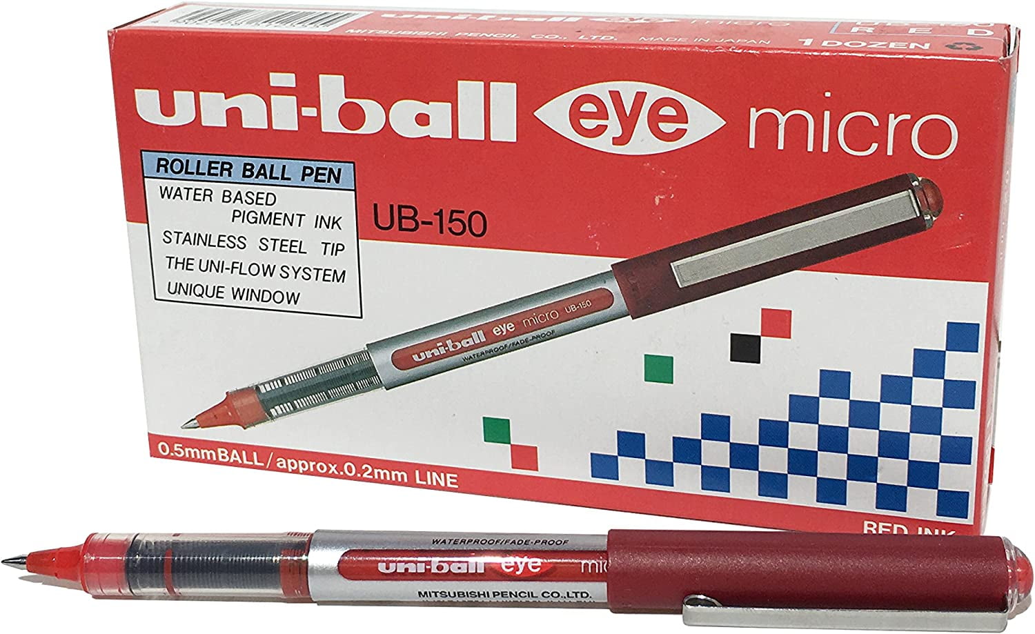 Uni-Ball UB-150 Eye Micro Rollerball Pen - 0.5mm - Red - Pack of 12