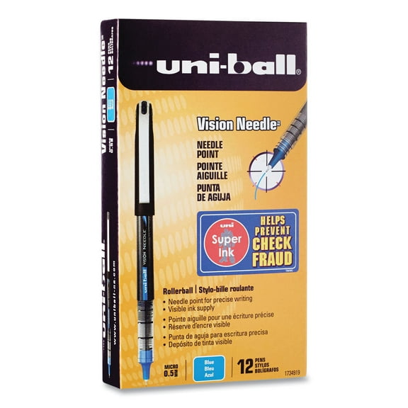 Uni-Ball Vision Needle Rollerball Pens - Micro Pen Point - 0.5 mm Pen Point Size - Blue - 12 / Dozen