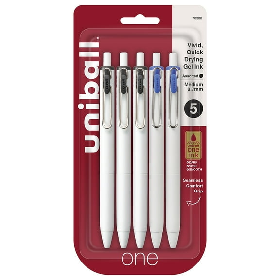 Uni-Ball uniONE Retractable Gel Pen Medium 0.7mm Black and Blue Ink 5 Pack 70380