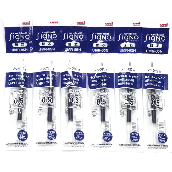 Uni Ballpoint Pen Blue Black Ink Refills(UMR85N.64), 0.5mm, for Signo 207 Retractable Pen(UMN-207-05), 6 Pack/total 6 pcs