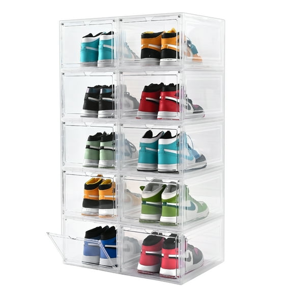 Uni HIMO 10-pack Thicken & Sturdy Clear Drop-Front Shoe Boxes, Stackable Closet Organizer for Sneakers/Boots, Fits Men's Size 12 (13.5x10.5x7.4in)