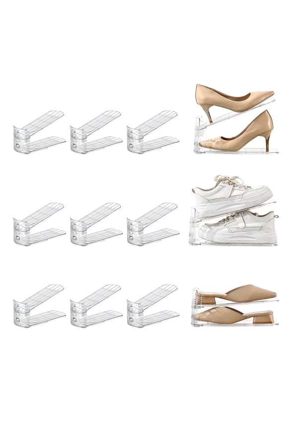 12-Pack Adjustable Shoe Stackers with Shoe Slots, Durable Plastic Shoe Slot Organizer with Slip-Resistant Design & 3 Height Settings, Space-Saving Storage Rack for Closet