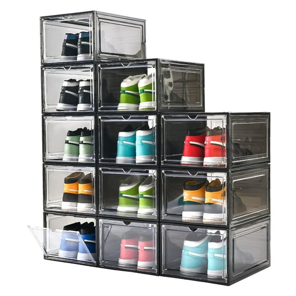 Uni HIMO 12-pack Thicken & Sturdy Black Clear Drop-Front Shoe Boxes, Stackable Closet Organizer for Sneakers/Boots, Fits Men's Size 12 (13.5x10.5x7.4in)