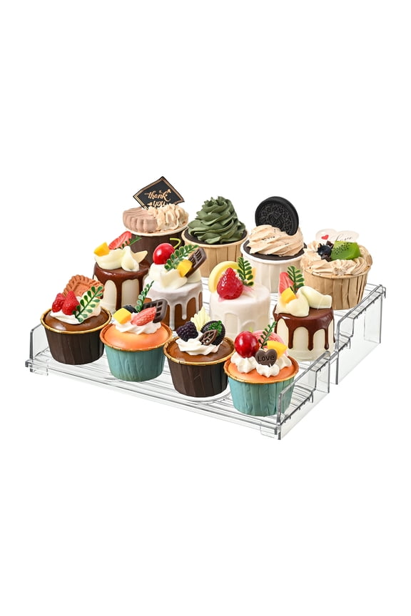 3-Tier Clear Display Riser Stand, 10-Inch Multi-Use Shelf Organizer for Perfume, Cupcakes, Figures & Dessert Display, Space-Saving Desktop Organizer (1-Pack)