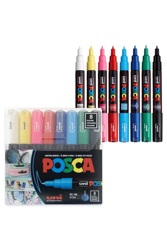 Uni POSCA PC-1M Water-Based Paint Markers, Extra Fine Tip (0.7mm), Assorted Ink Colors, 8 Count