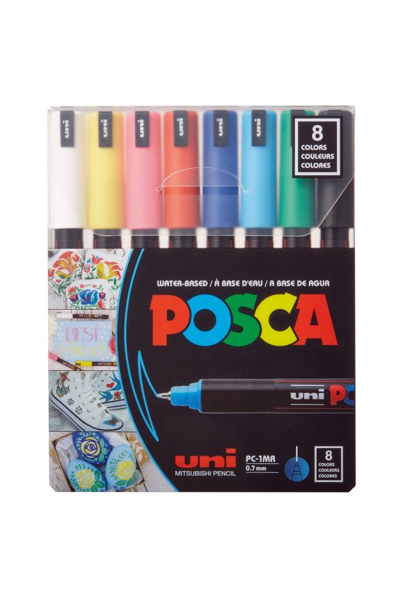 Uni POSCA PC-1MR Water-Based Paint Markers, Extra Fine Tip (0.7mm), Assorted Ink Colors, 8 Count