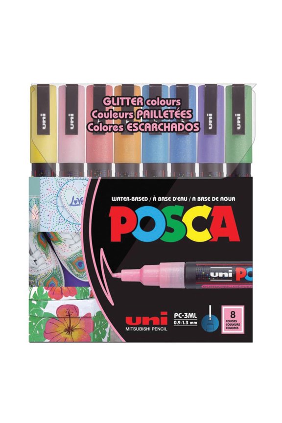 Uni POSCA PC-3M Glitter Water-Based Markers, Reversible Fine Tip (0.9-1.3mm), Assorted Ink Colors, 8 Count