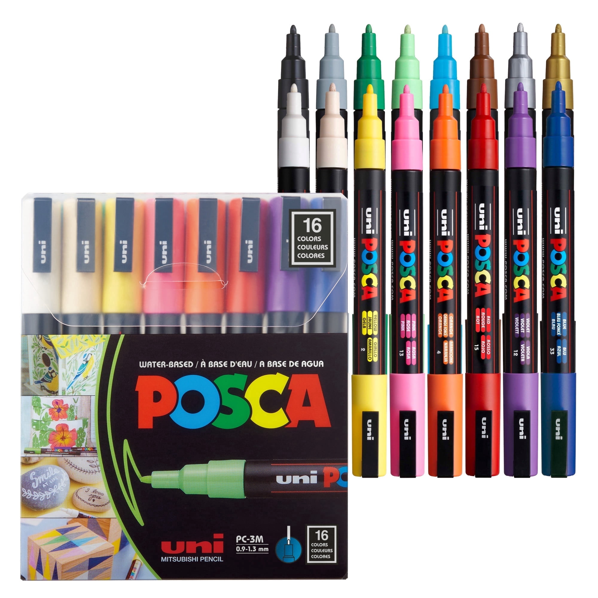 uni POSCA PC-3M Water-Based Paint Markers, Reversible Fine Tip, 0.9-1.3mm, Assorted Colors, 16 Count