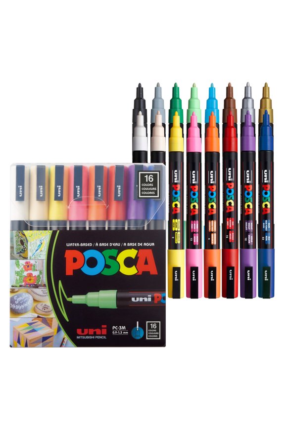 Uni POSCA PC-3M Water-Based Paint Markers, Fine Tip (0.9-1.3mm), Assorted Colors, 16 Count