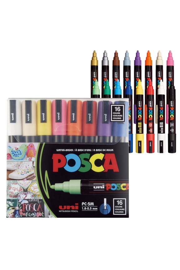 Uni POSCA PC-5M Paint Marker Set 16 Assorted Colors, Medium Point (1.8-2.5mm), Acrylic Paint Pens for Artists