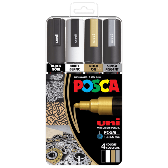 Uni POSCA PC-5M Paint Markers – 4 Assorted Colors, Medium Point (1.8-2.55mm), Acrylic Paint Pens for Art Projects