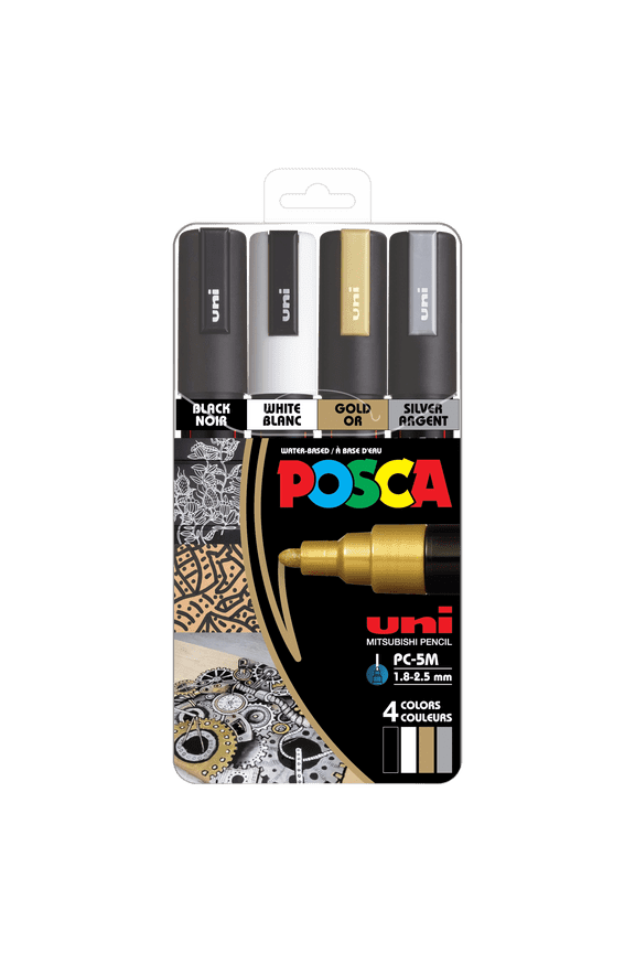 Uni POSCA PC-5M Paint Markers – 4 Assorted Colors, Medium Point (1.8-2.55mm), Acrylic Paint Pens for Art Projects