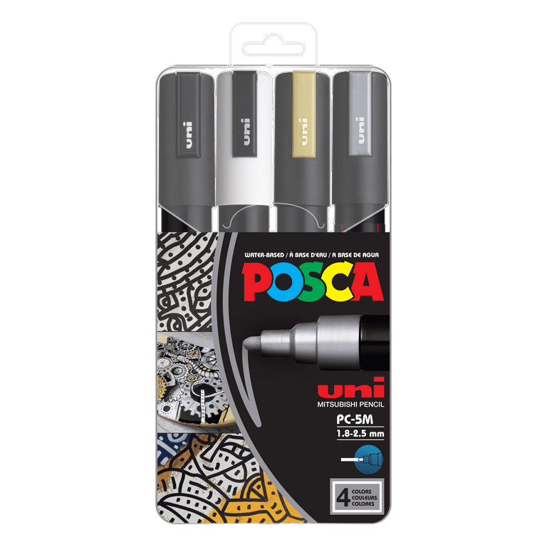 Uni POSCA PC-5M Water-Based Paint Markers, Medium Point (1.8-2.5mm),  Assorted Colors, 4 Pack 