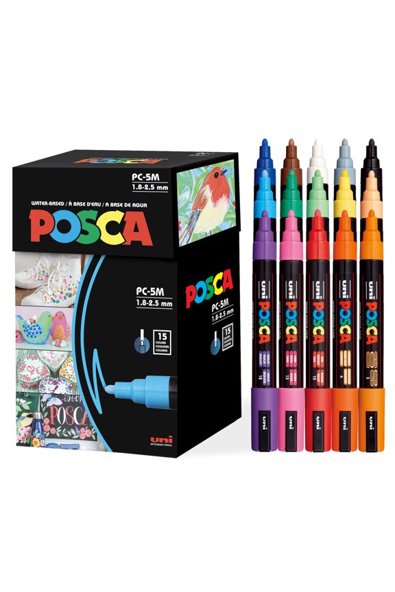 Uni POSCA PC-5M Water-Based Paint Markers, Reversible Medium Tip (1.8-2.5mm), Assorted Ink Colors, 15 Count