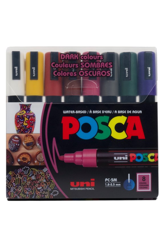 Uni POSCA PC-5M Water-Based Paint Markers, Reversible Medium Tip (1.8-2.5mm), Dark Ink Colors, 8 Count