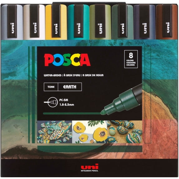 Uni POSCA PC-5M Water-Based Paint Markers, Reversible Medium Tip (1.8-2.5mm), Earthtone Ink Colors, 8 Count