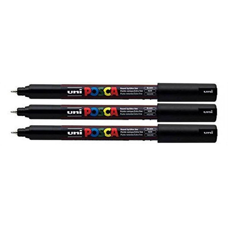 Uni Posca PC-1MR Black Colour Paint Marker Pens Ultra Fine 0.7mm Calibre  Tip Nib Writes On Any Surface Glass Metal Wood Plastic Fabric (Pack of 3)