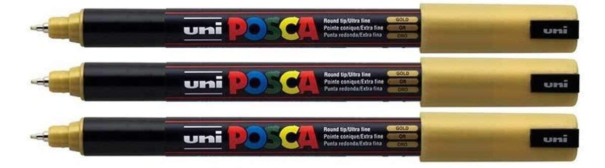 Uni Posca Gold Colour Paint Marker Pens Ultra Fine 0.7mm Calibre Tip Nib Writes On Any Surface Glass Metal Wood Plastic Fabric by Posca (Pack of 3)