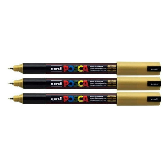 Uni Posca Gold Colour Paint Marker Pens Ultra Fine 0.7mm Calibre Tip Nib Writes On Any Surface Glass Metal Wood Plastic Fabric by Posca (Pack of 3)