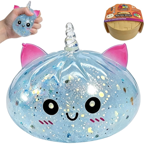 Uni Squishy Fidget Bun, Glitter Corn Stress Ball Soft Sensory Squeeze for Anxiety Stress Relief, Halloween Christmas Prizes & Party Favors for Adult