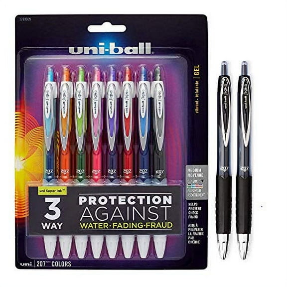 Uni-ball 1937262 207 Gel Pens, 0.7mm Medium Point, Assorted Colors, Pack of 8 Plus 2 Bonus, Packing may Vary