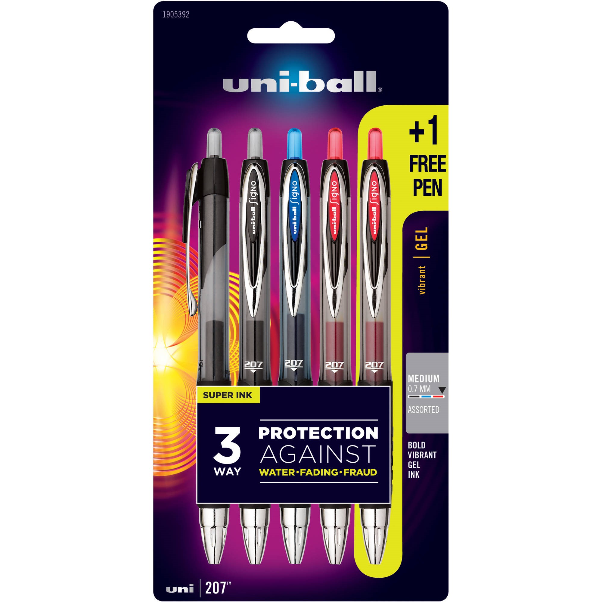 Uniball 207 Retractable Gel Pens, Medium Point, Assorted, 5 Pack