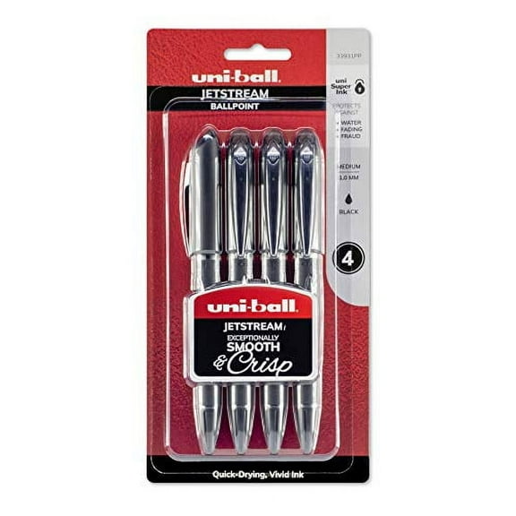 Uni-ball 33931PP Jetstream Roller Ball Pen, 1mm Bold Point, Black Ink, Pack of 4