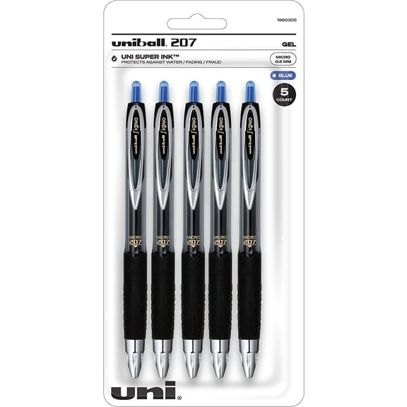 Uni-ball Blue Retractable Pen 5 Pack 0.5 mm, Uni-Ball 207 Signo ink Pens are Fraud Proof and the Best Office Pens