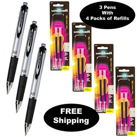 Uni-ball Signo Impact 207 Rt 65871 with 4 Packs of Refills 65874, Blue Gel Ink, 1.0mm Bold Point
