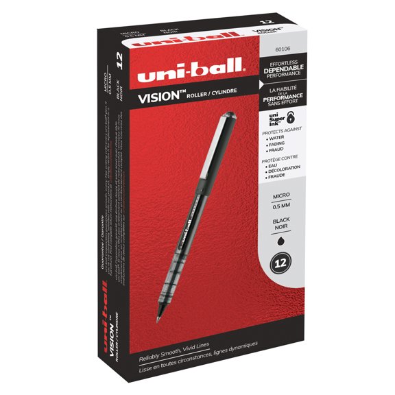 Uni-ball Vision Roller Ball Pen, Stick, Micro 0.5 mm, Black Ink, Black/Gray Barrel, Dozen | Bundle of 5