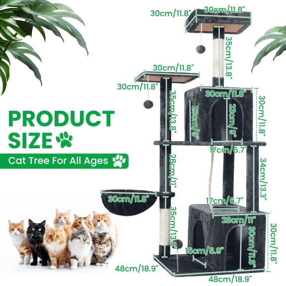 UniAlly 54-Inch Large Cat Tree Tower with Multi-Level Platforms, Scratching Posts, Cat Condos, Hammock & Pompoms - Sturdy Cat Furniture for Indoor Cats, Space-Saving Design for Bedroom & Living