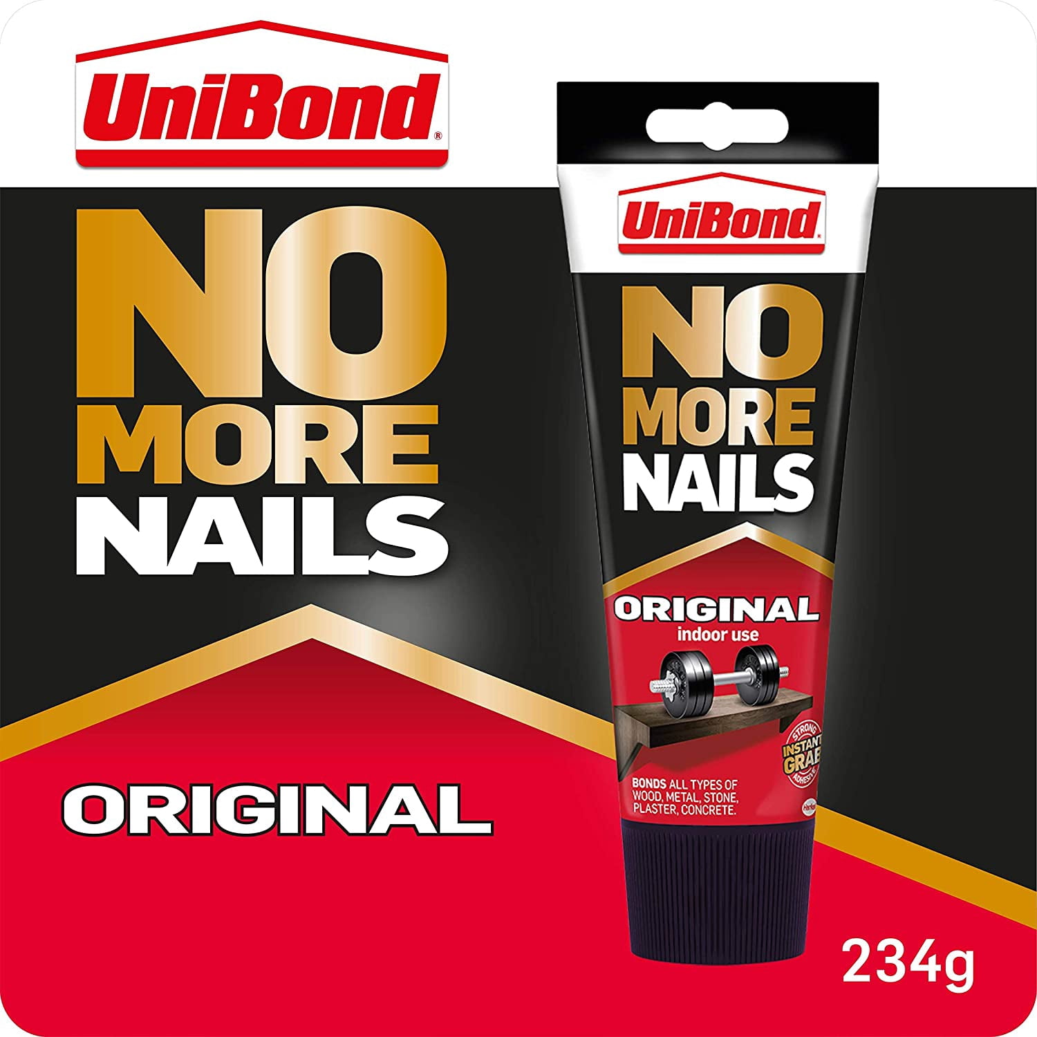 UniBond No More Nails Original, Heavy-Duty Mounting Adhesive, Strong Glue for Wood, Ceramic, Metal  More, White Instant Grab Adhesive, 1 x 234 g Tube Single