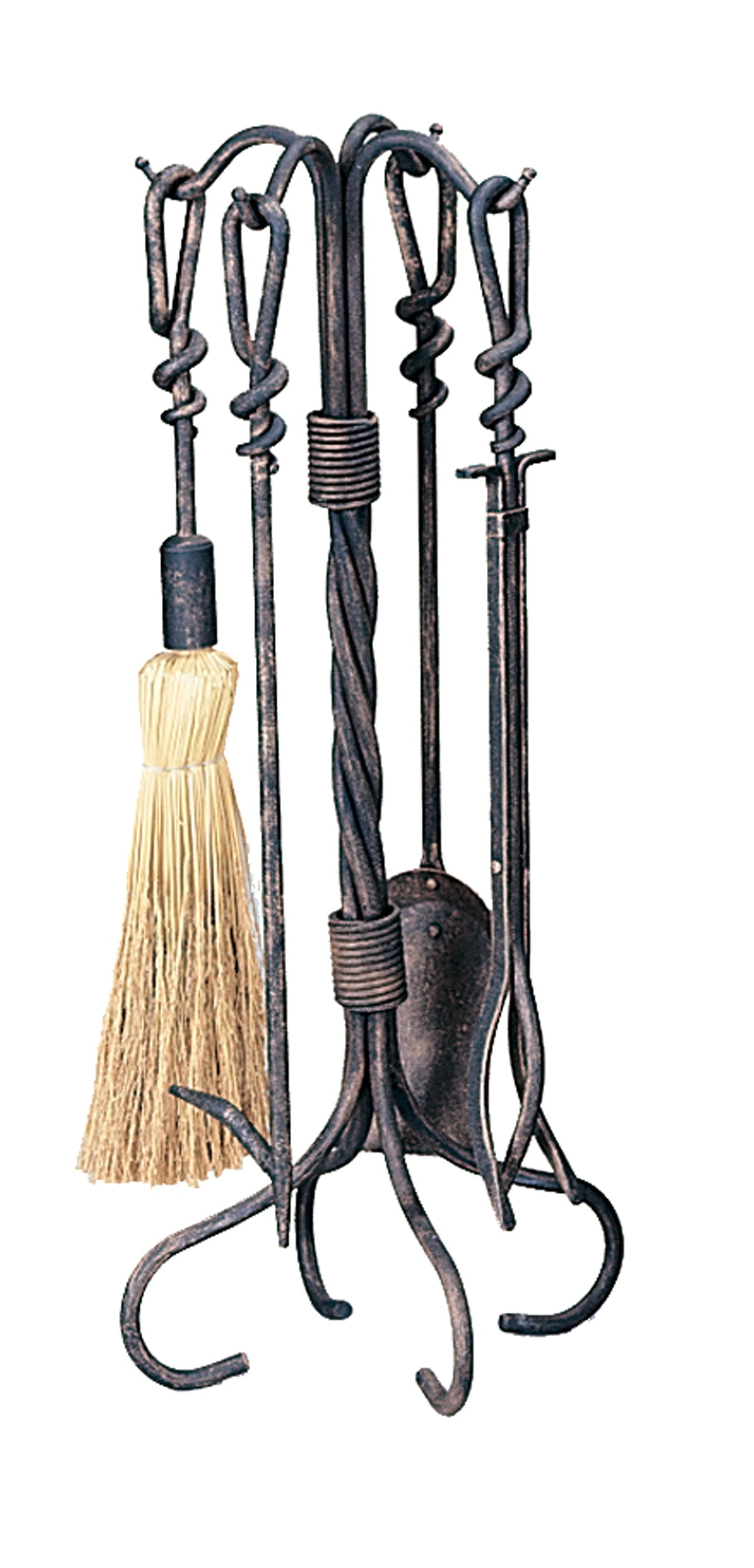 Antique Rust Wrought Iron 5-Piece Fireplace Tool Set