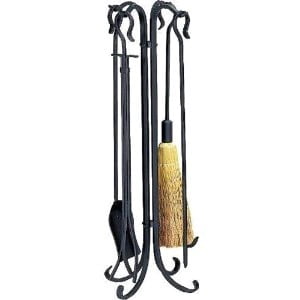 UniFlame 5 Piece Black Wrought Iron Heavyweight Rustic Fireset with Crook Handles