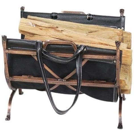 Uniflame Antique Copper Wrought Iron Log Holder with Black Leather Carrier