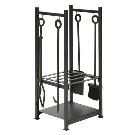 UniFlame Black Wrought Iron Log Holder with Fire Tools with Ring Handles
