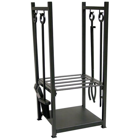 UniFlame Black Wrought Iron Log Holder with Fire Tools with Ring Handles