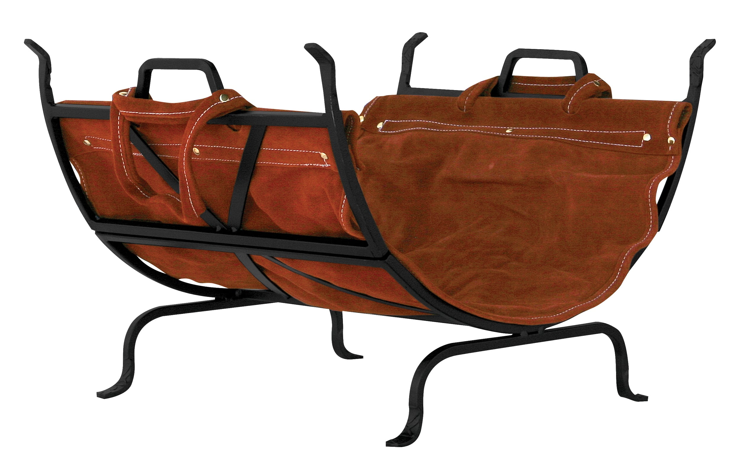 Black Wrought Iron Firewood Log Holder with Suede Leather Carrier