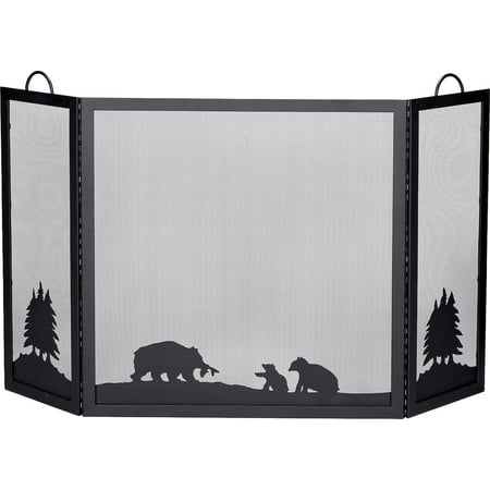 UniFlame Deluxe 3-Panel Black Wrought Iron Screen with Hunting Bear Scene
