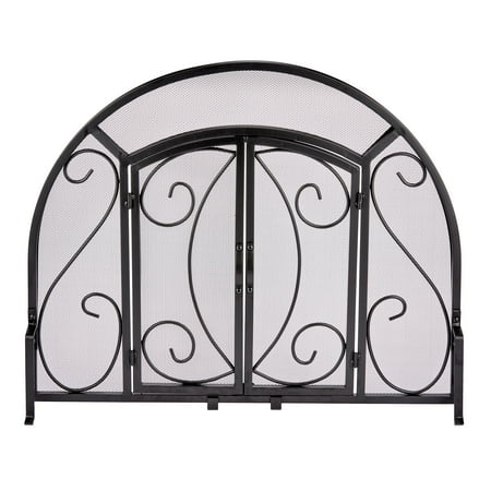 UniFlame Single Panel Black Wrought Iron Ornate Screen with Doors