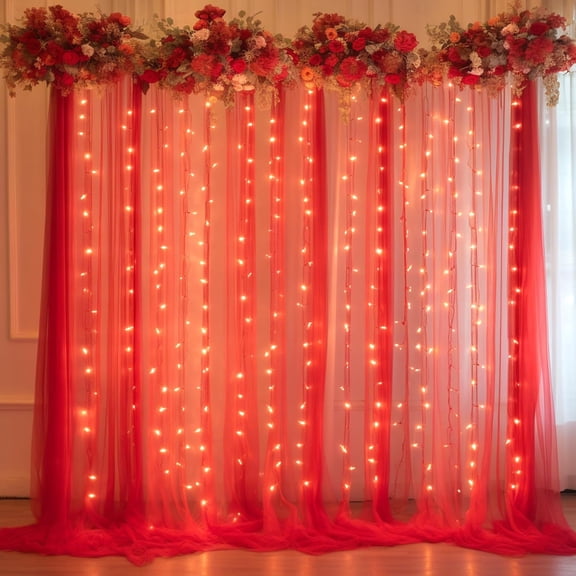 UniMall 10x10ft Red Tulle Backdrop Curtain with Lights String for Parites, Sheer Backdrop Curtains for Wedding Baby Shower Birthday Party Photo Shoot Decorations