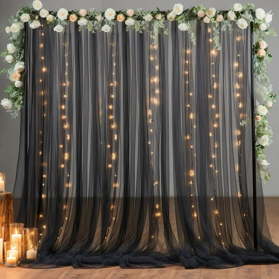 UniMall 10x8ft Black Tulle Backdrop Curtain with Lights String for Parites, Sheer Backdrop Curtains for Wedding Baby Shower Birthday Party Photo Shoot Decorations