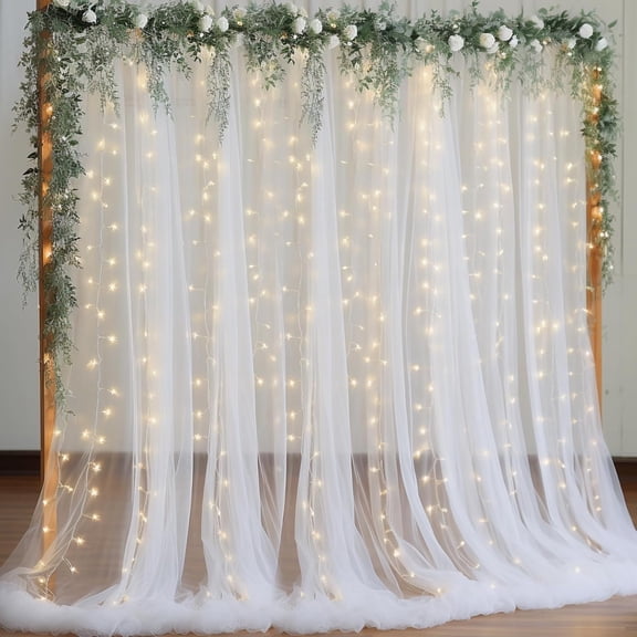 UniMall 10x8ft White Tulle Backdrop Curtain with Lights String for Parites, Sheer Backdrop Curtains for Wedding Baby Shower Birthday Party Photo Shoot Decorations
