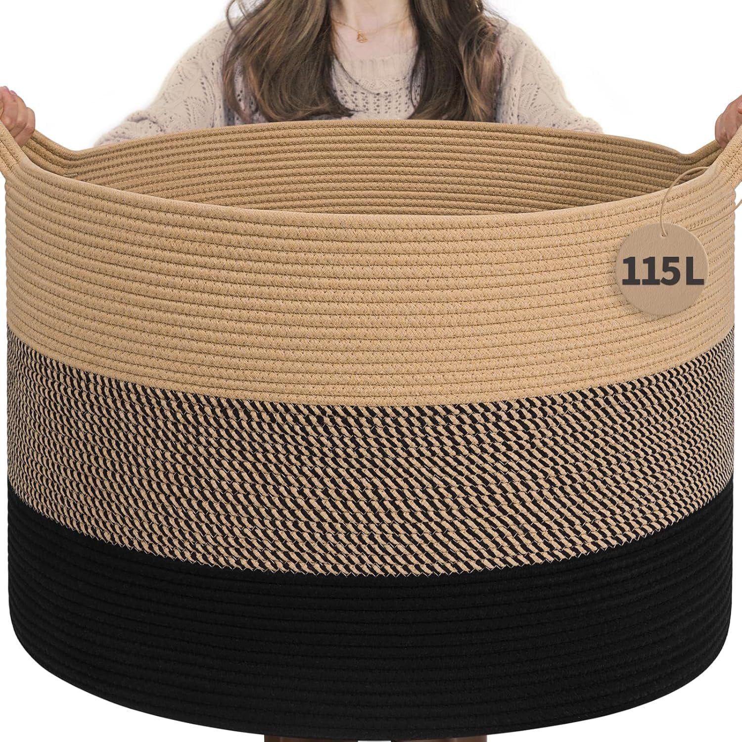 UniMall 115L Extra Large Blanket Basket for Apartment Décor, Woven Baby Laundry Hamper Shoe Basekts for Entryway, Wicker Storage Basket for Organizing, Camel Mix & Black