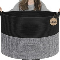 UniMall 115L Extra Large Cotton Rope Blanket Basket, Woven Basket for Toy Storage Organizer & Laundry Toy Box for Living Room Area & Nursery Room, Black & Grey