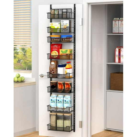 UniMall 12.3" W Narrow Over the Door Pantry Organizer, 8-Tier Over the Door Organizer with Adjustable Basket, Pantry Door Organization for Pantry Kitchen Storage Room Spice Rack, Black