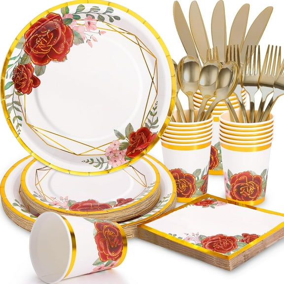 UniMall 168PCS Floral Paper Plates & Napkins Set - Burgundy Rose Pattern - Disposable Dinnerware for 24 Guests - Perfect for Birthdays, Weddings, & Parties